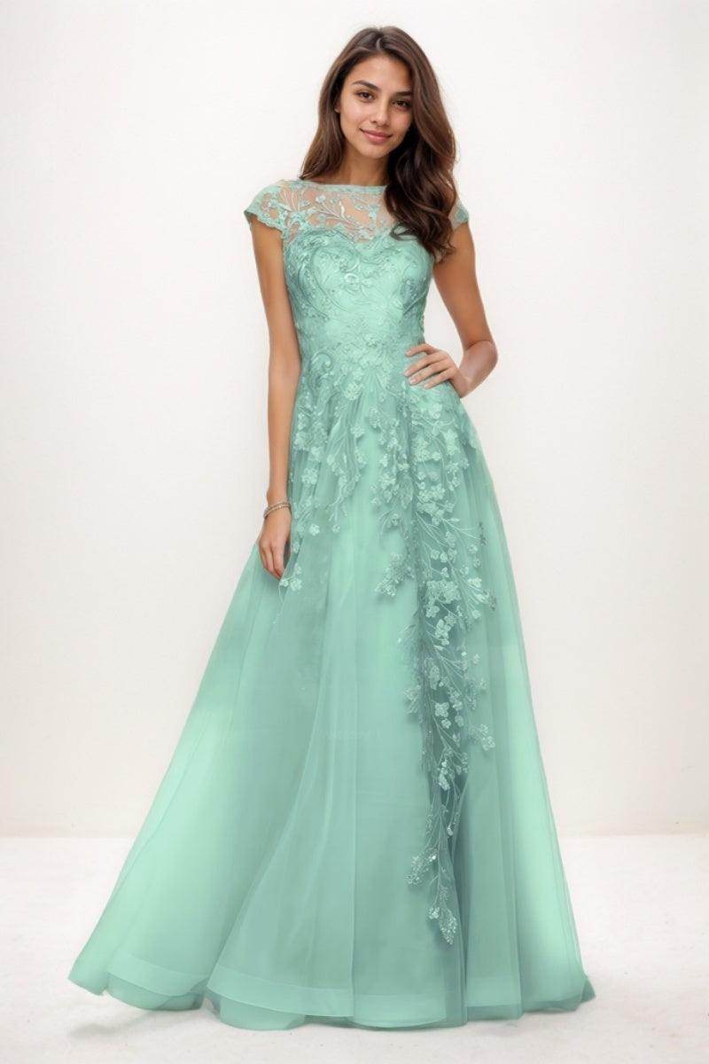 Illusion Neck A-Line Sweep Train Lace/Tulle Prom Dresses CS0747 - COCOMELODY